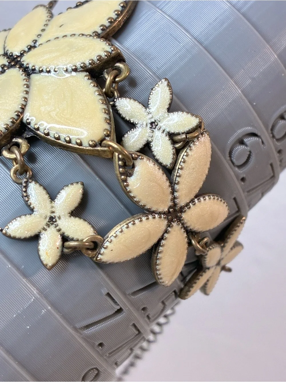 Cream Gold Metallic Enamel Floral Statement Bracelet Lightweight Boho Casual